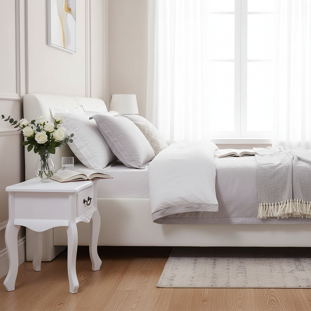 Enkel wit nachtkastje in elegante slaapkamer