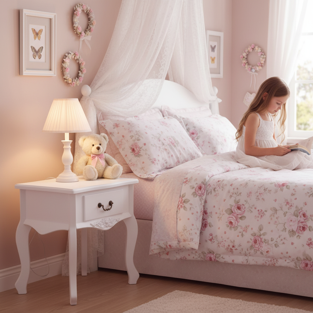 Enkel wit nachtkastje in meisjeskamer