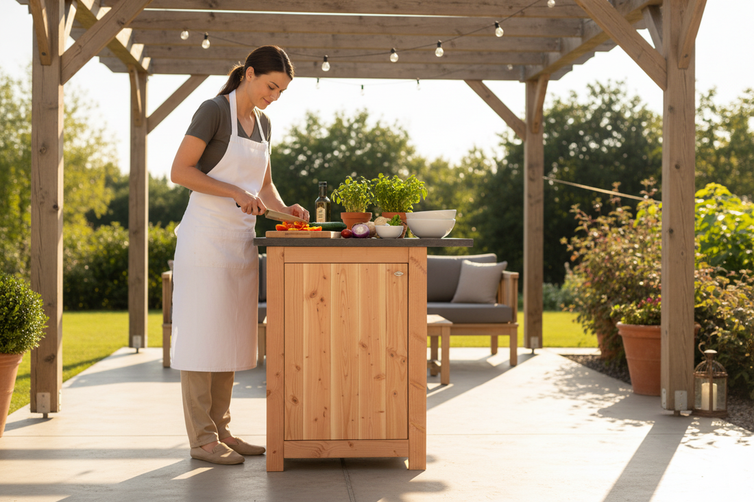 Enkele buitenkeuken op patio met pergola