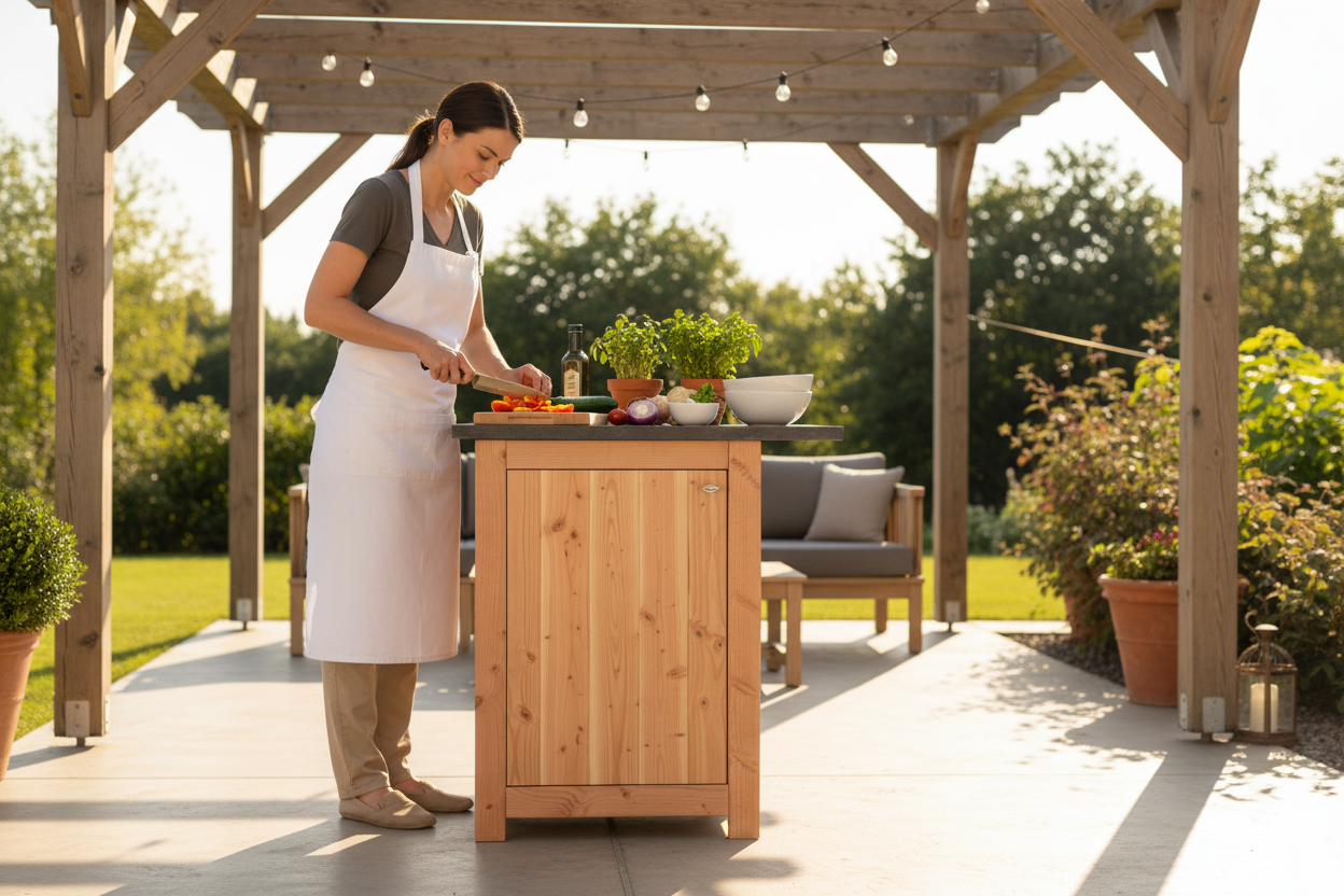 Enkele buitenkeuken op patio met pergola
