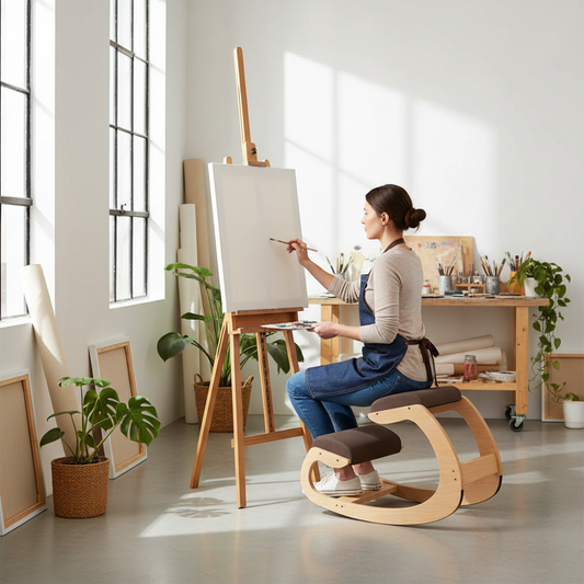 Ergonomische kniestoel correct gebruikt in creatief atelier
