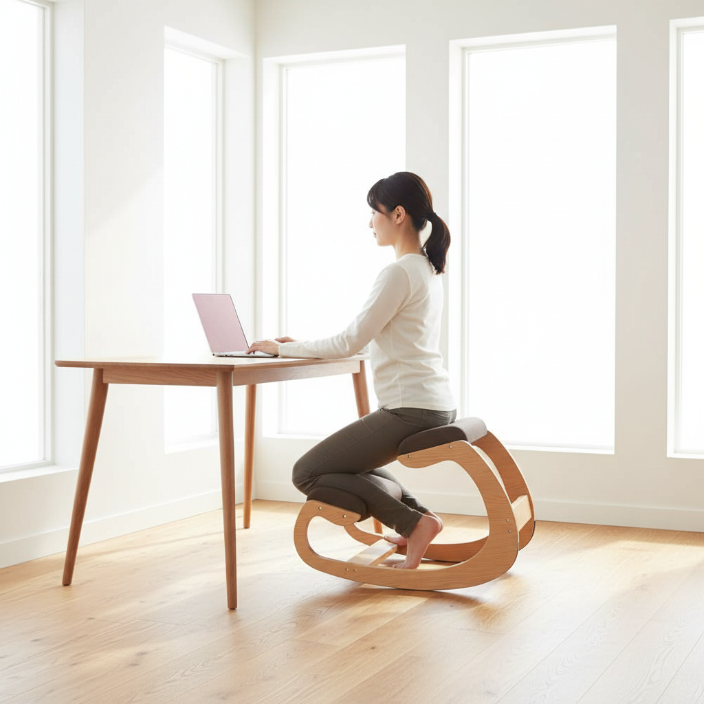 Ergonomische kniestoel correct gebruikt in modern thuiskantoor