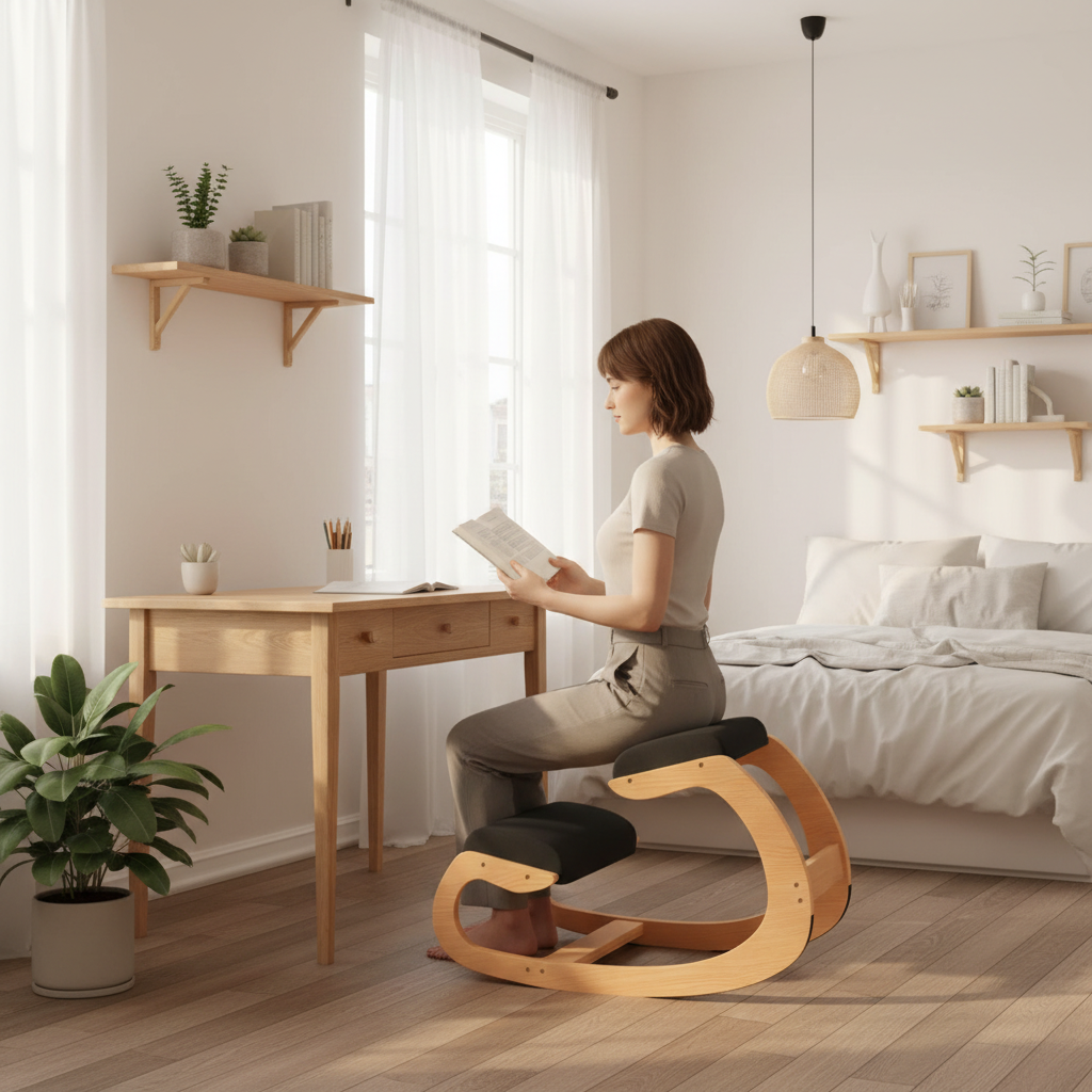 Ergonomische kniestoel met licht hout en zwarte kussens in Scandinavische slaapkamer