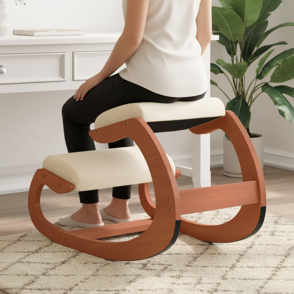 Ergonomische kniestoel met terracotta frame en crème kussens in modern thuiskantoor