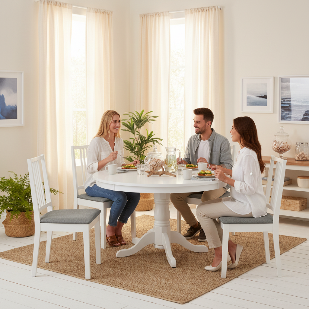 Exact vier witte eetkamerstoelen met grijze zitting in coastal eetkamer