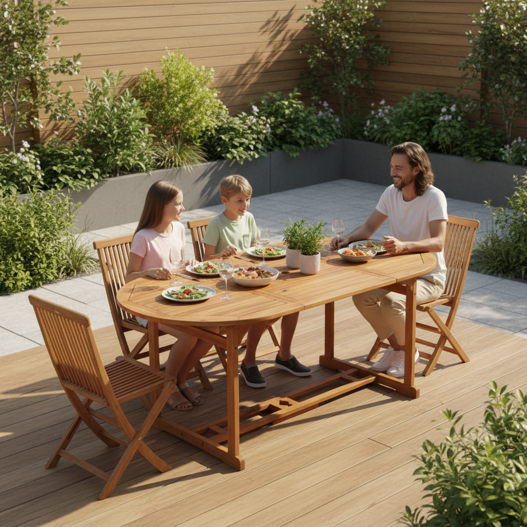 Familie aan ovale tuintafel in tuin