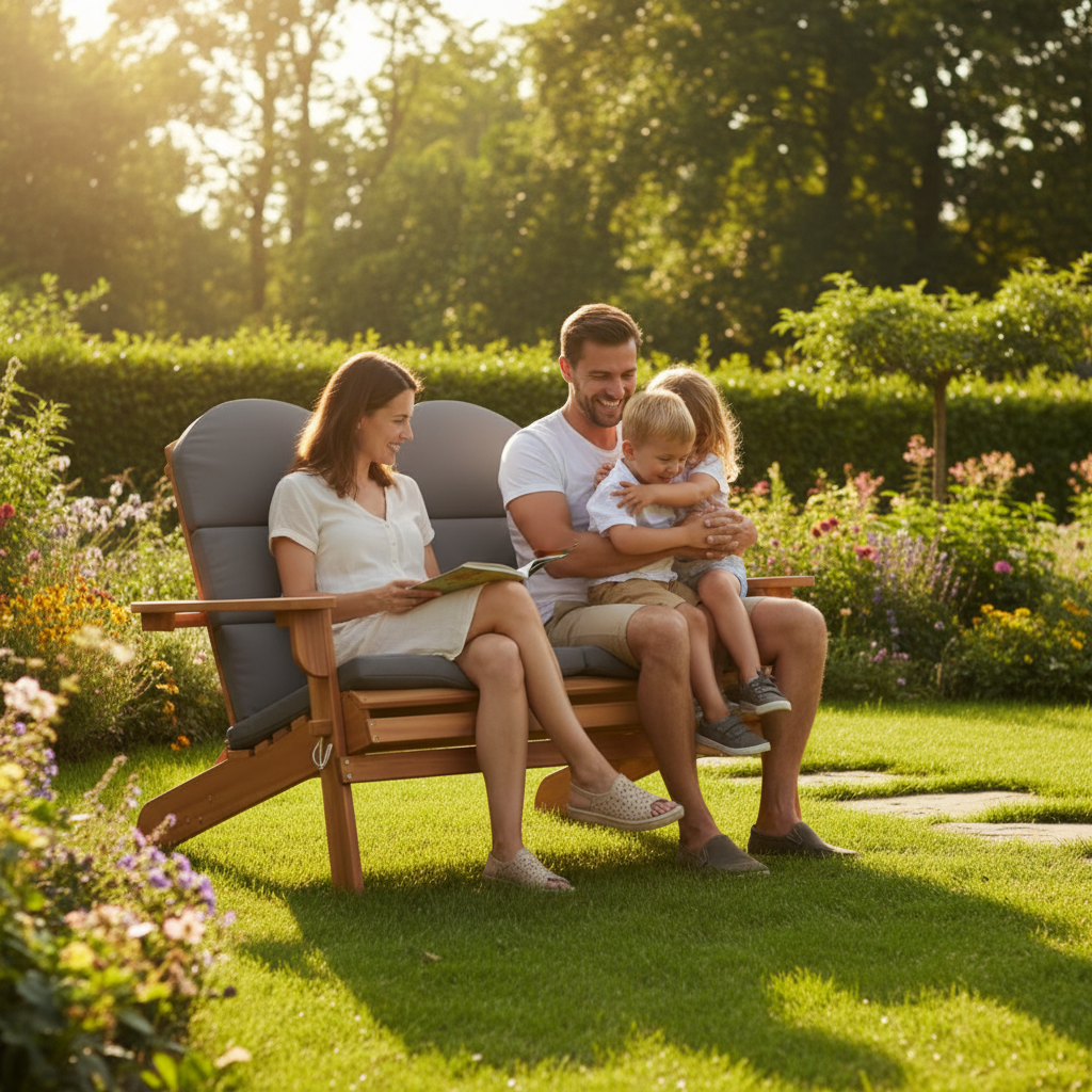 Familie in echte tuin met gras en bomen
