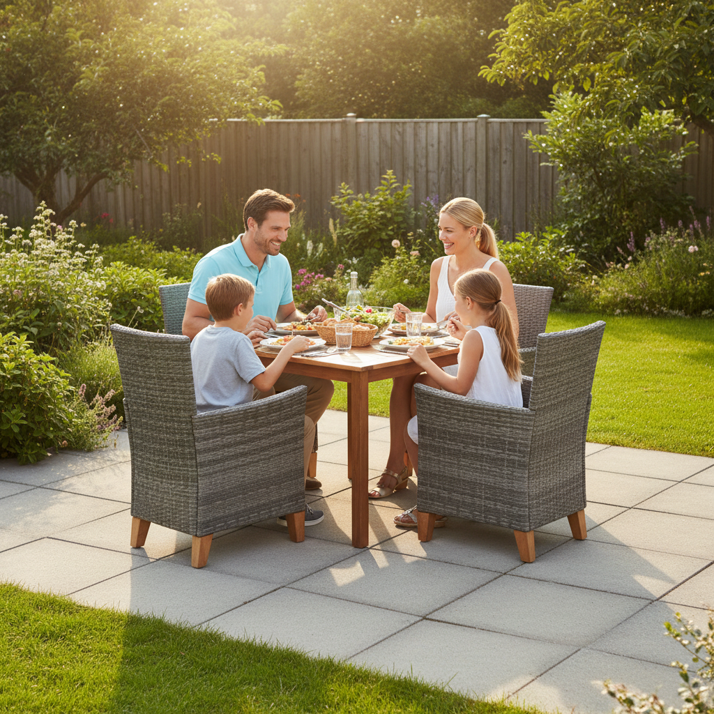 Familie lunch in echte achtertuin
