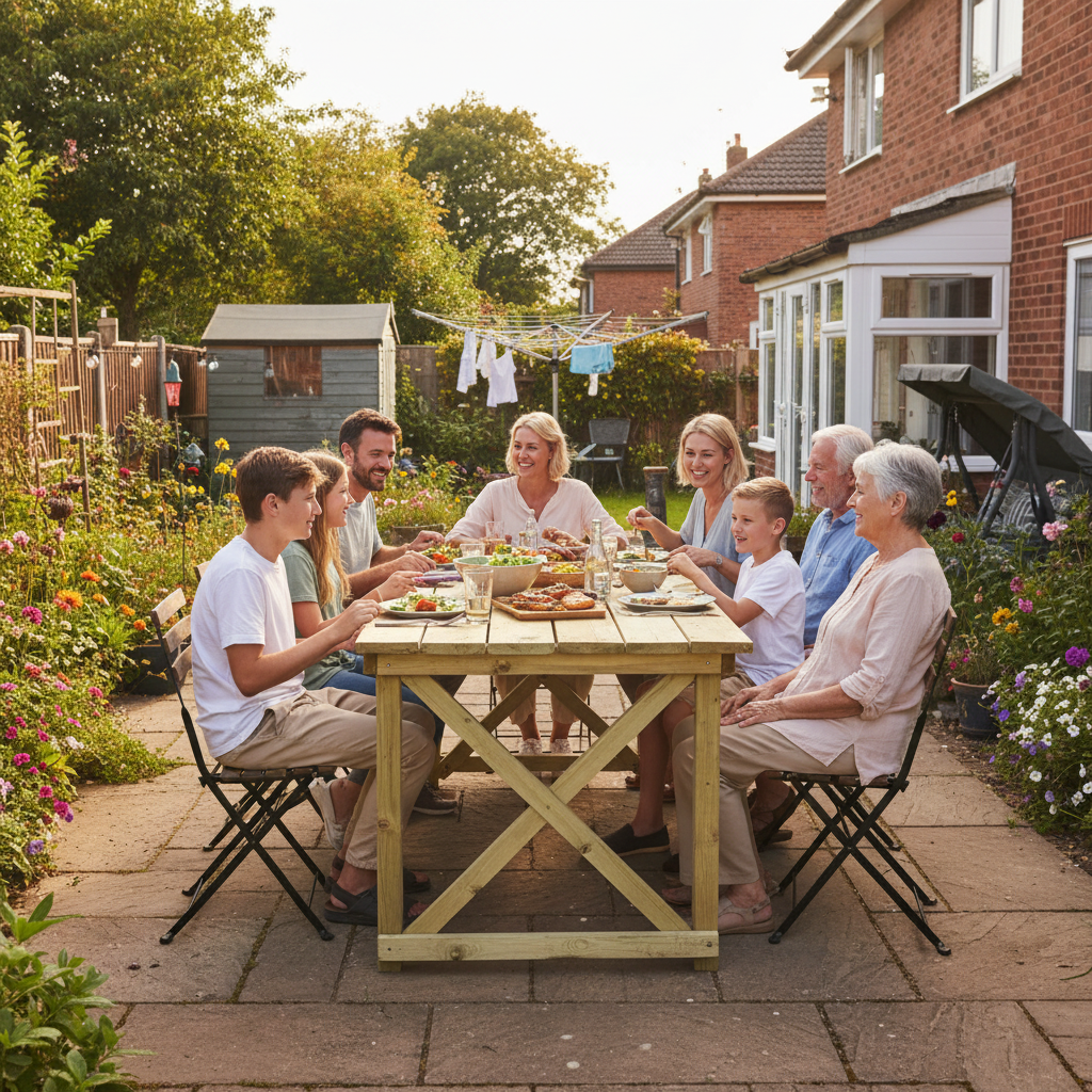 Familie samen aan tuintafel