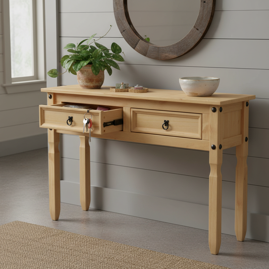 Farmhouse entryway with open drawer