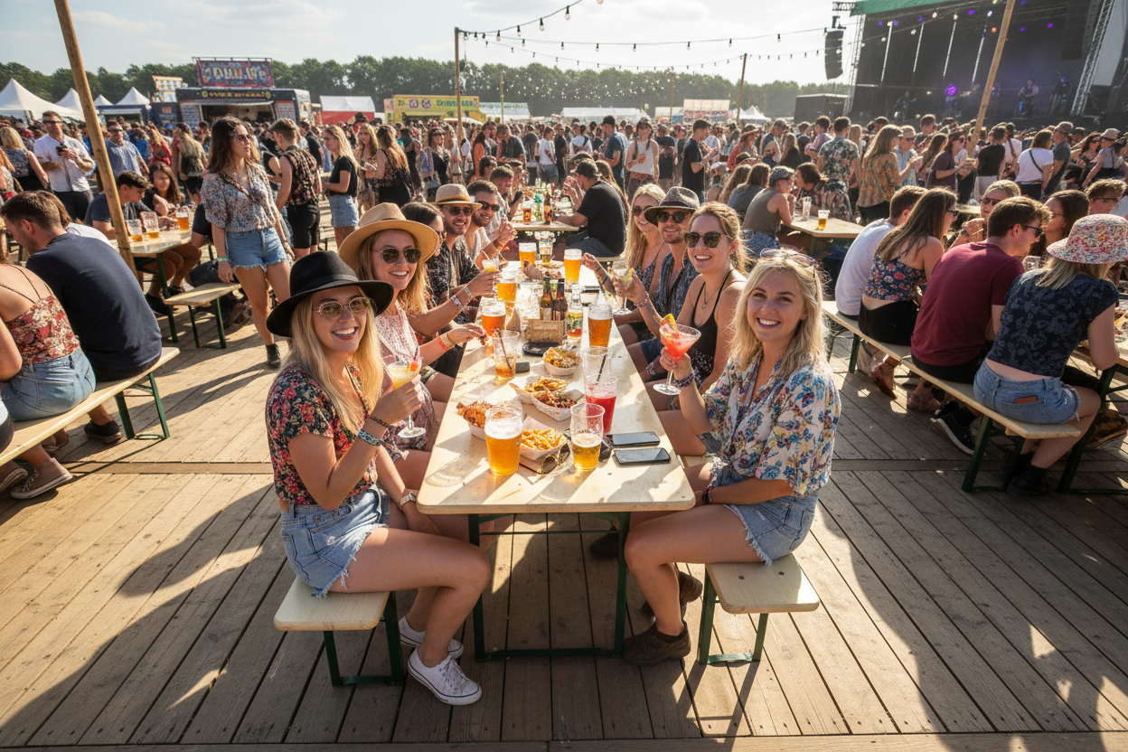 Festivalgangers aan biertafelset
