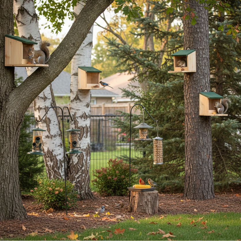 Four squirrel houses in garden