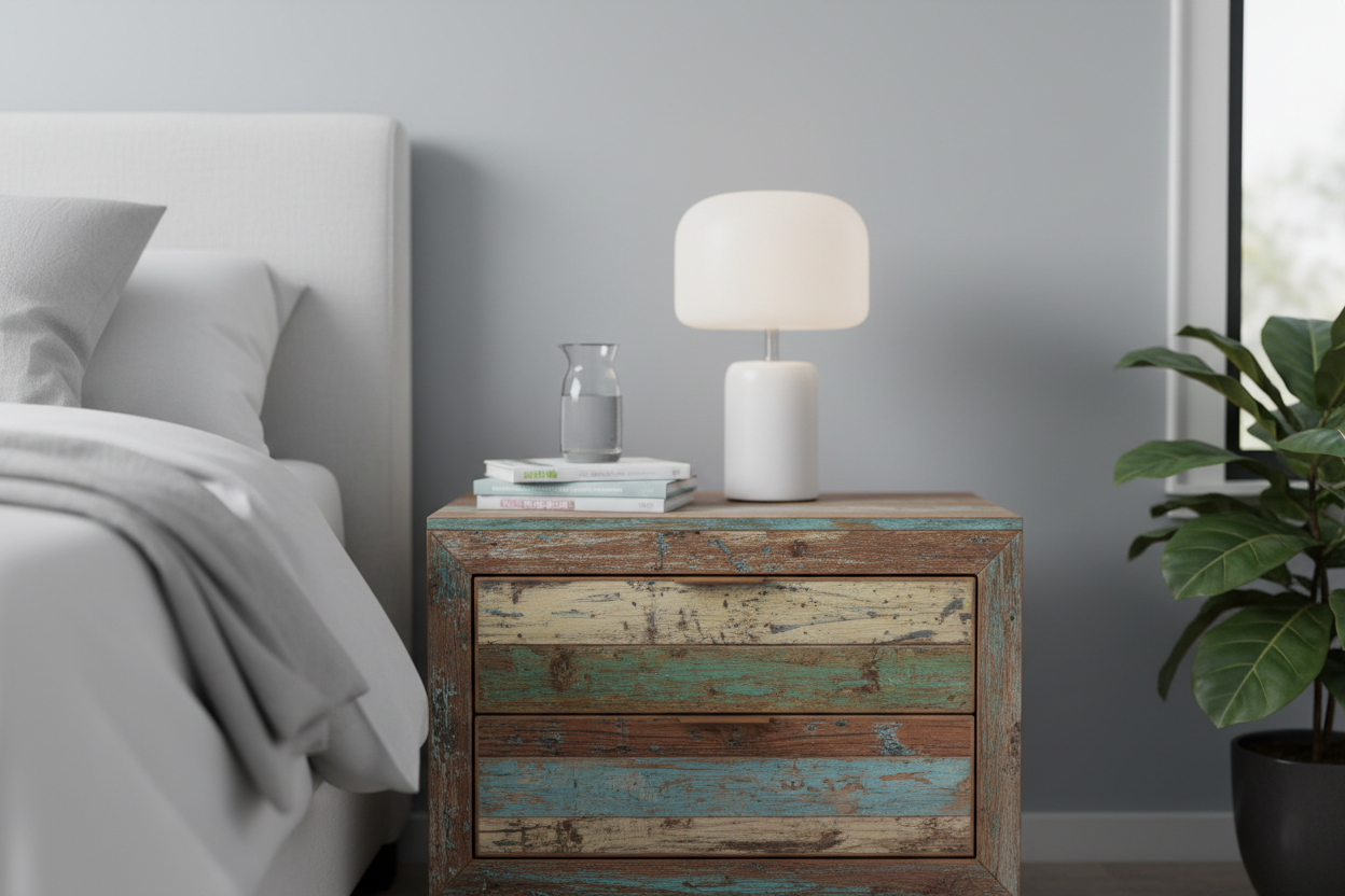 Gedetailleerde shot van gerecycled hout nachtkastje