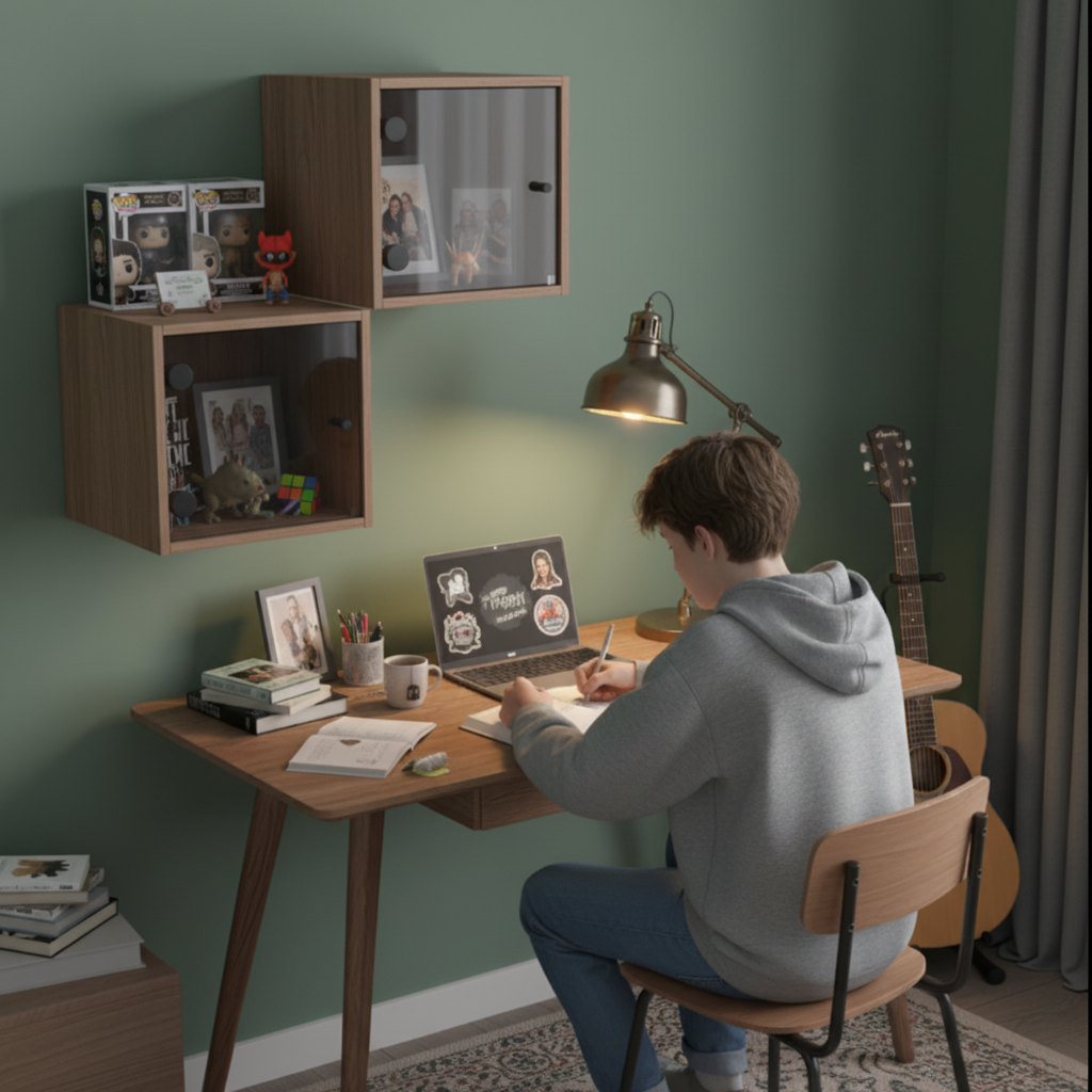 Gerookt eiken 2 wandkastjes studiekamer