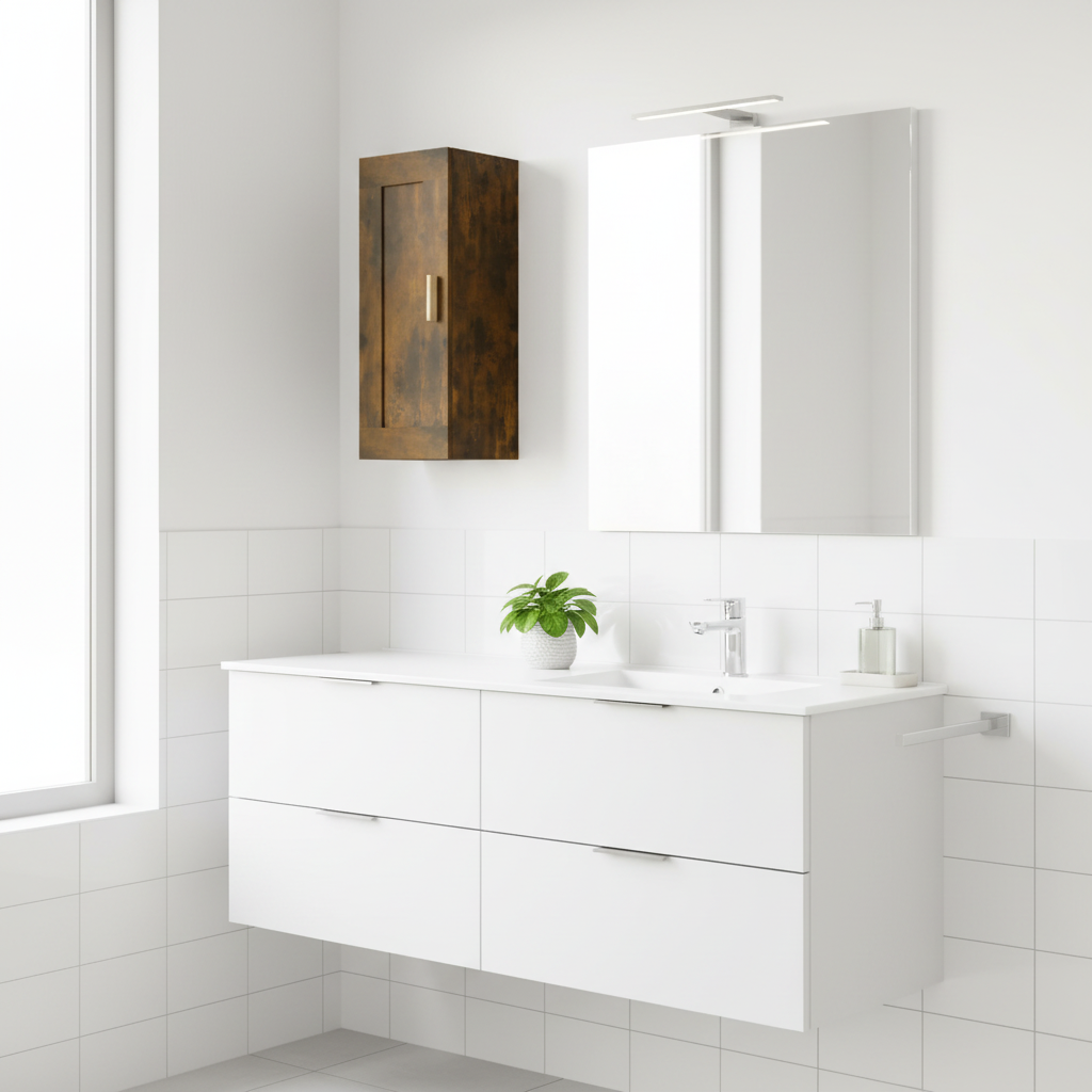 Gerookt eiken bovenkast in minimalistische badkamer