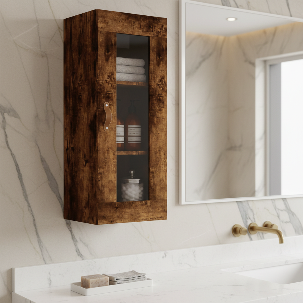 Gerookt eiken hangkast met glazen deur in luxe badkamer