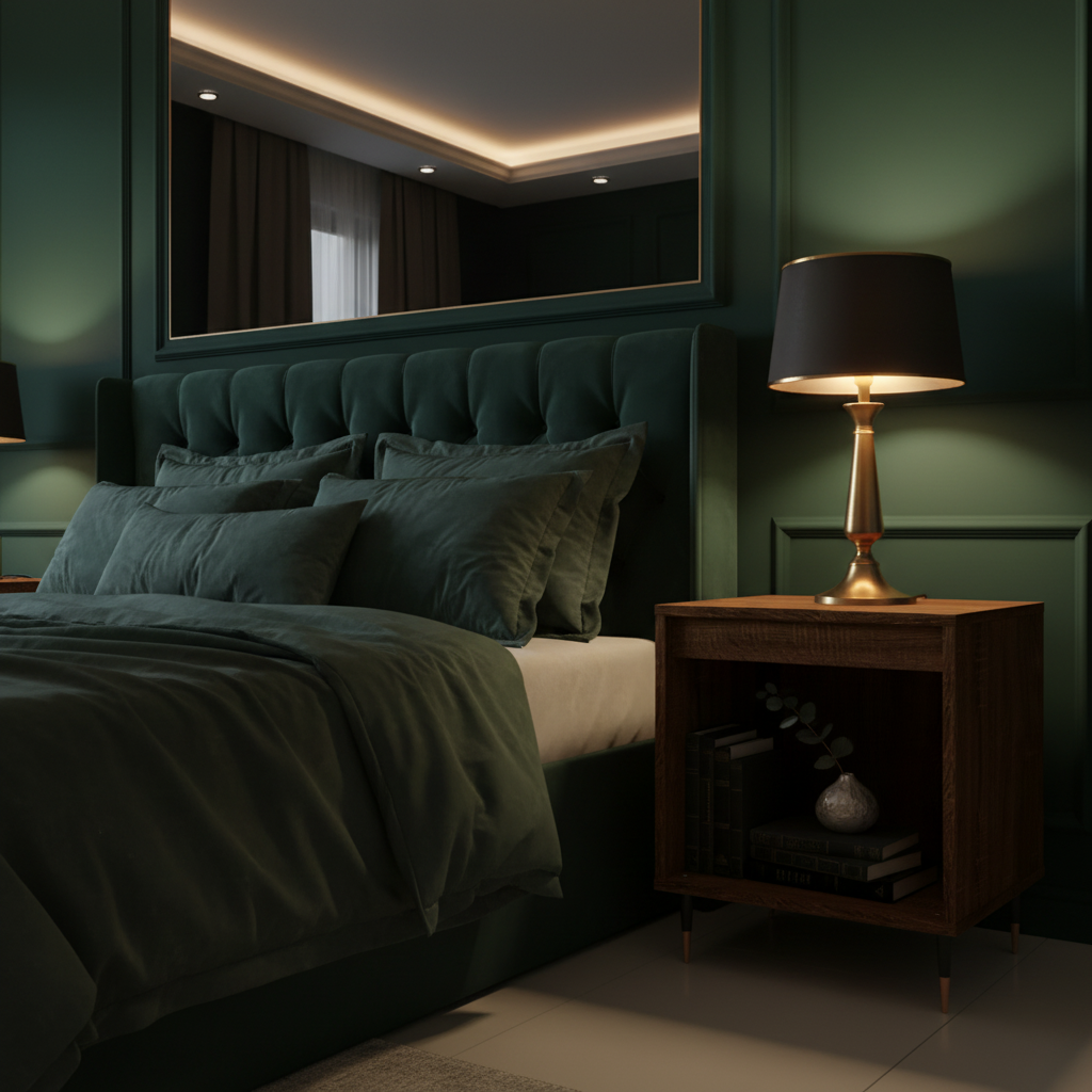 Gerookt eiken nachtkastje in luxe slaapkamer