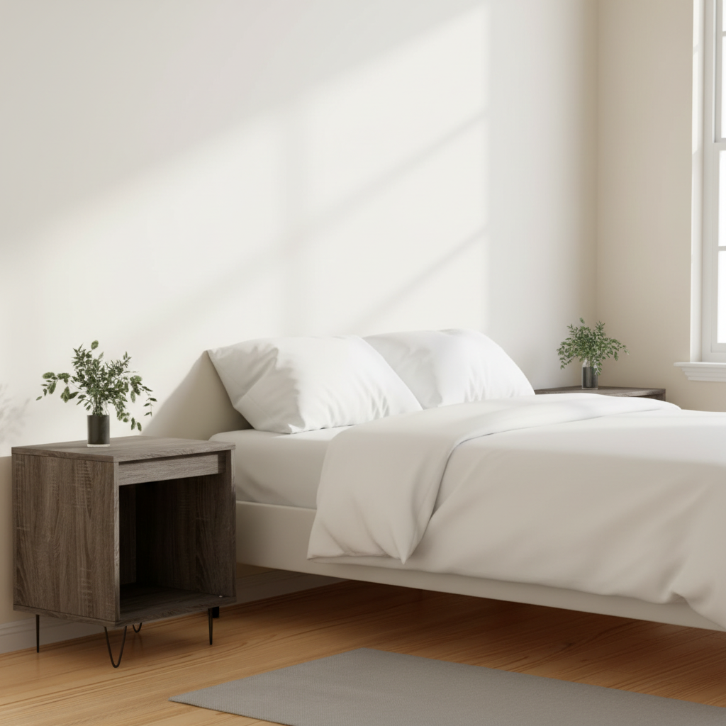 Gerookt eiken nachtkastjes in lichte, heldere slaapkamer