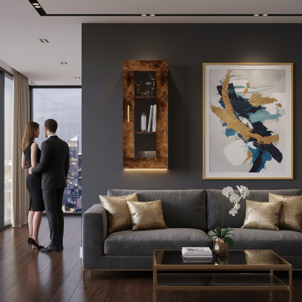 Gerookt eiken vitrinekast in luxe interieur