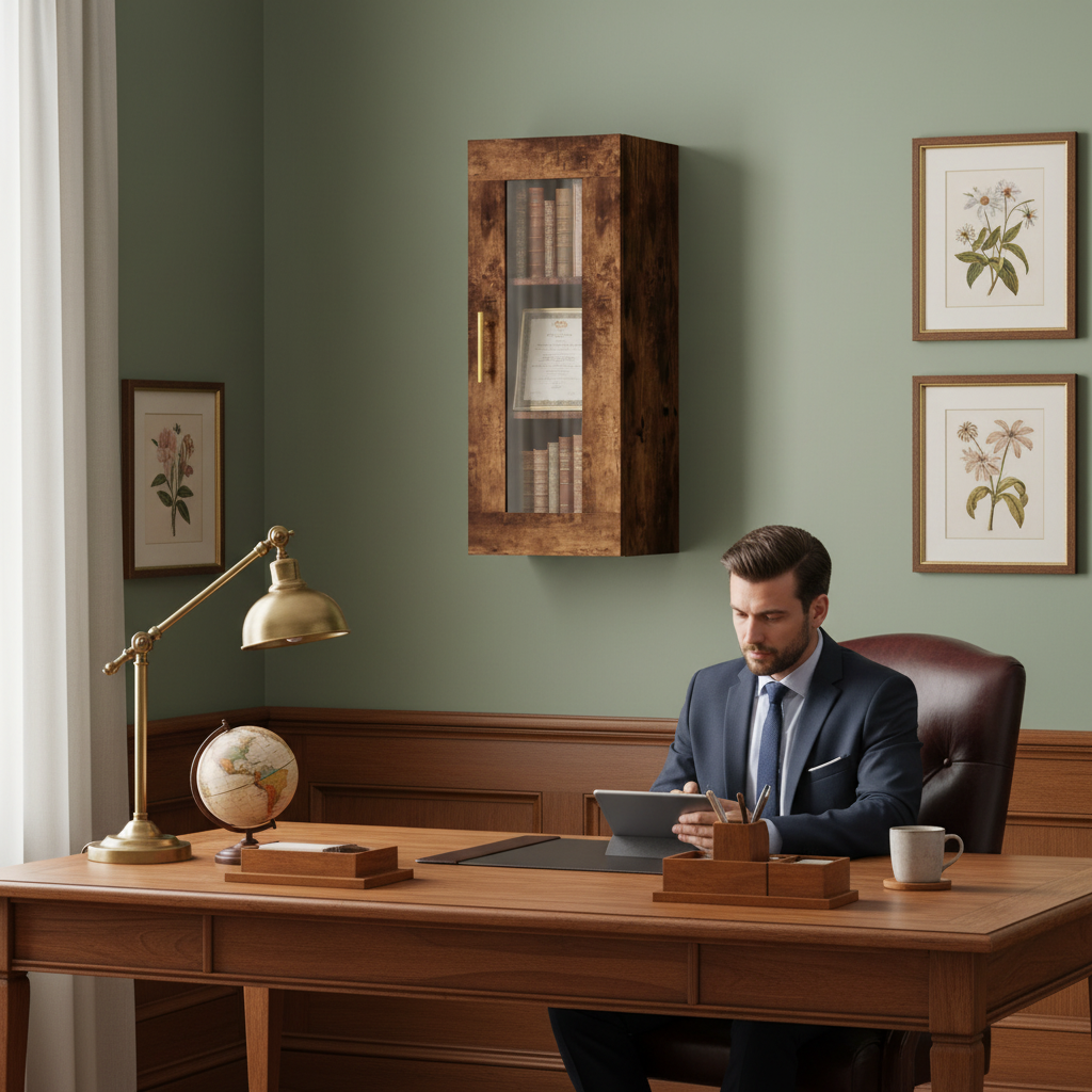 Gerookt eiken vitrinekast in studeerkamer