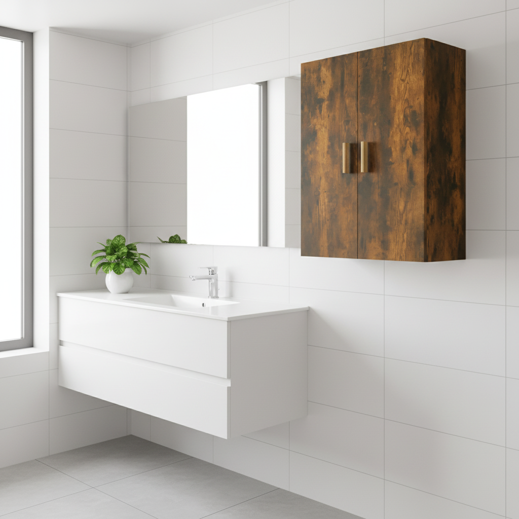 Gerookt eiken wandkast met gouden handgrepen in minimalistische badkamer