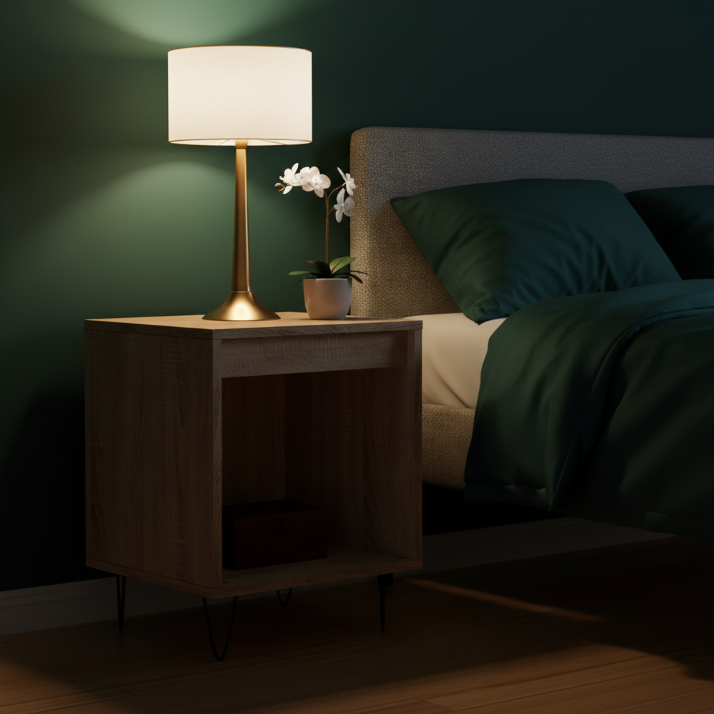 Gerookte eiken nachtkastje in luxe slaapkamer