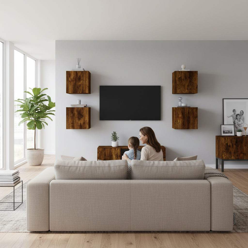 Gerookte eiken TV wandmeubel met gesloten deuren in gezinswoonkamer