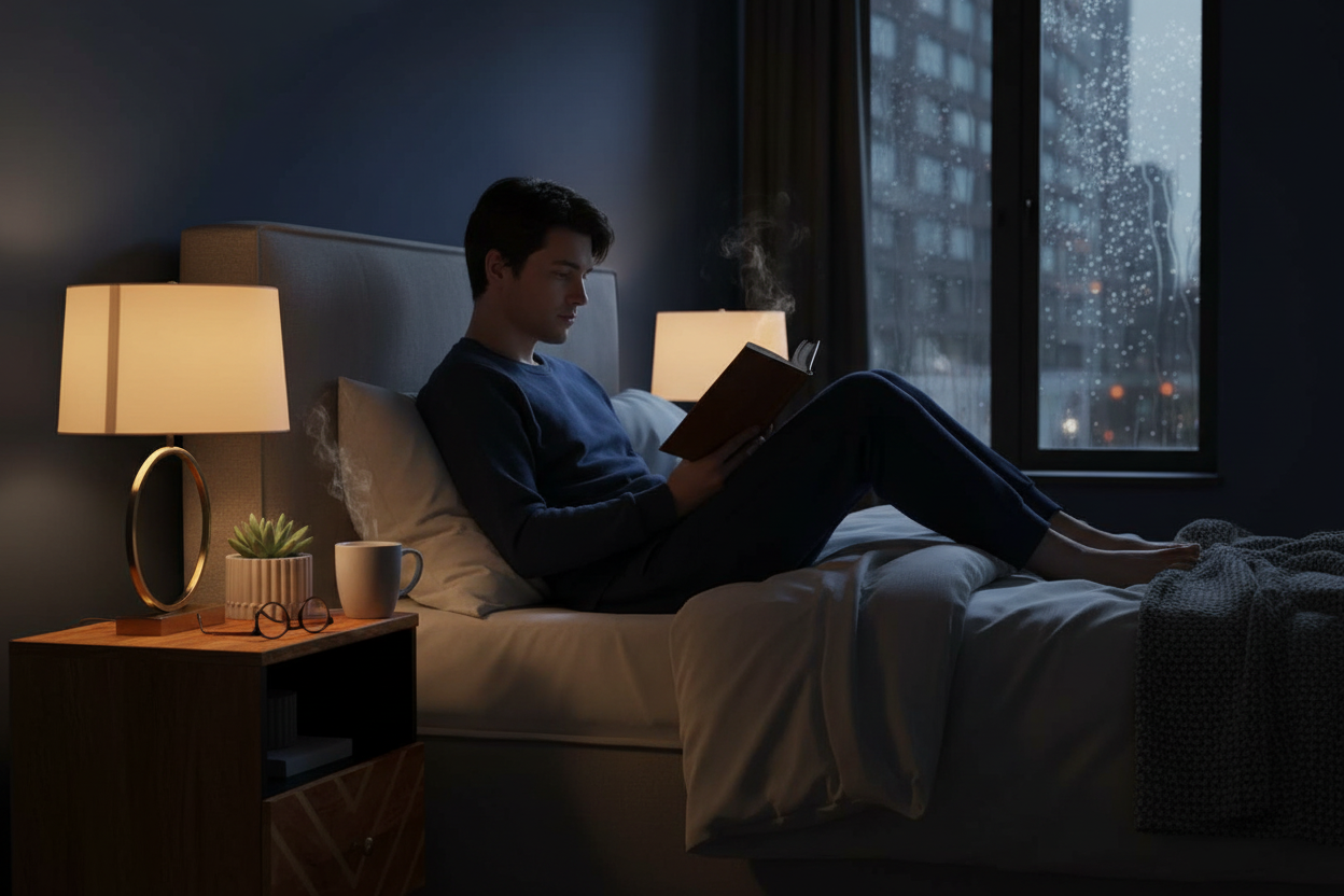 Gezellige avondscène met persoon die leest