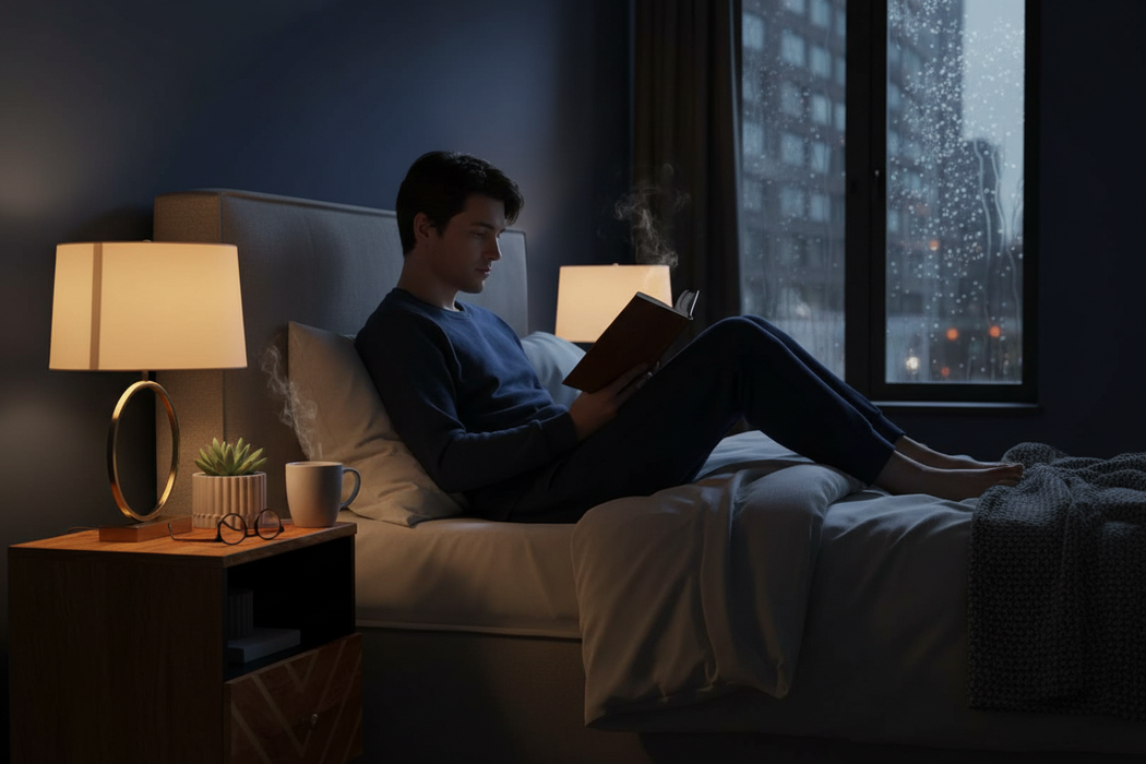 Gezellige avondscène met persoon die leest