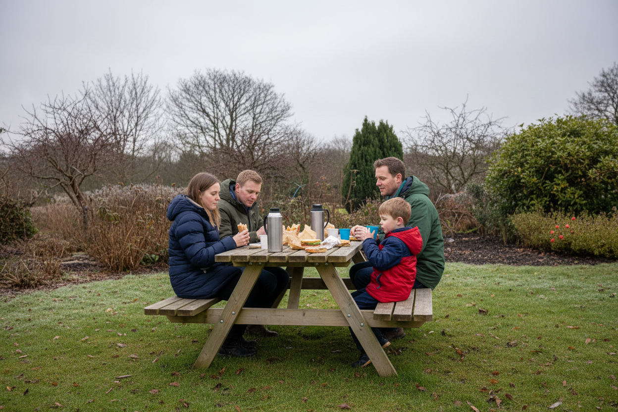 Gezin in achtertuin met verweerde tafel 18 dec 12:42