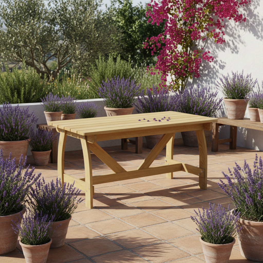 Grenen tuintafel op mediterraans terras