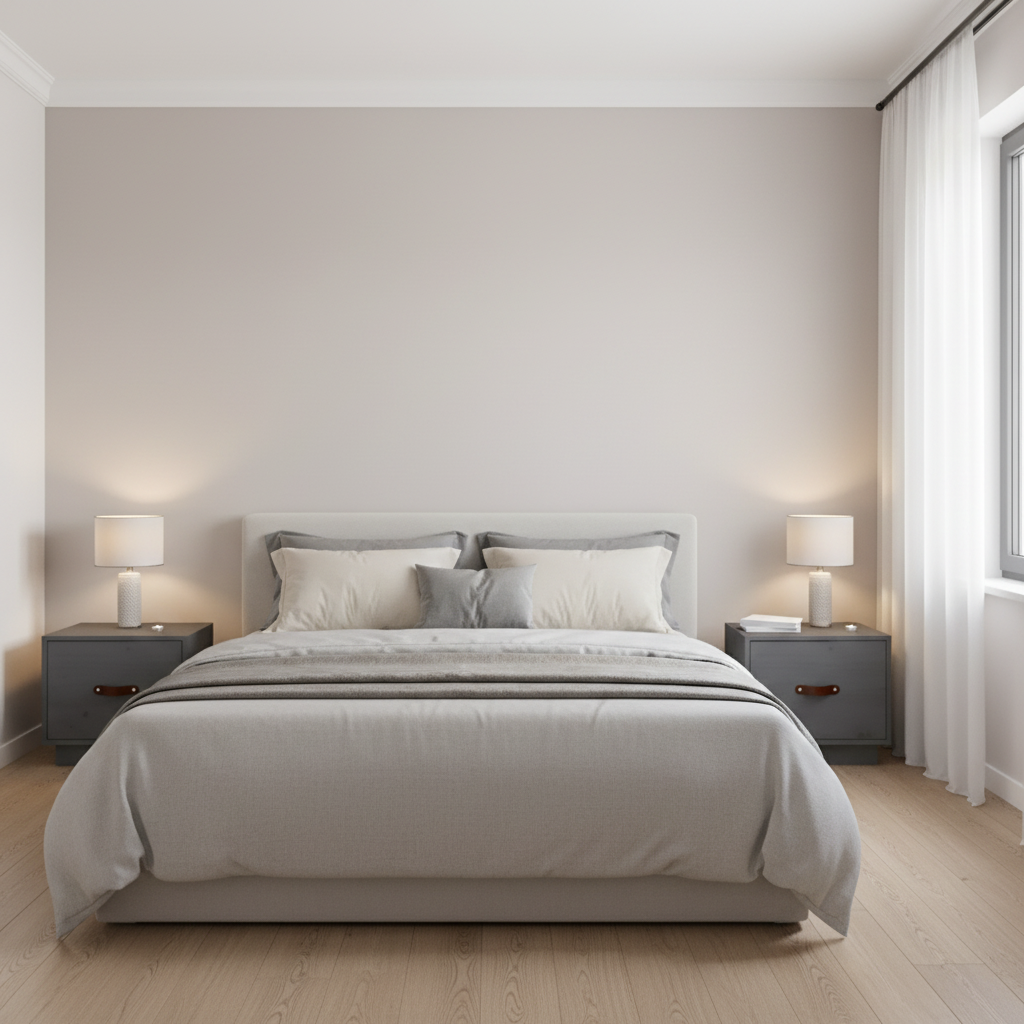 Grijs bed tussen 2 nachtkastjes met gordijnen