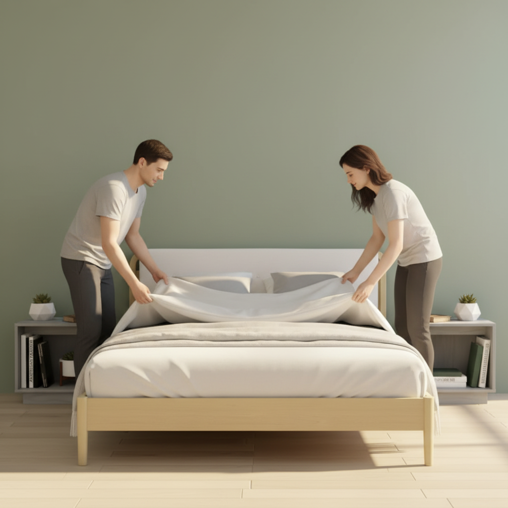 Grijs bed tussen 2 open nachtkastjes