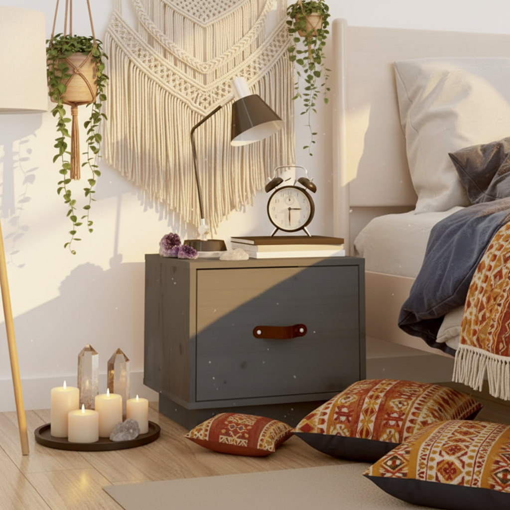 Grijs nachtkastje - Bohemian met planten