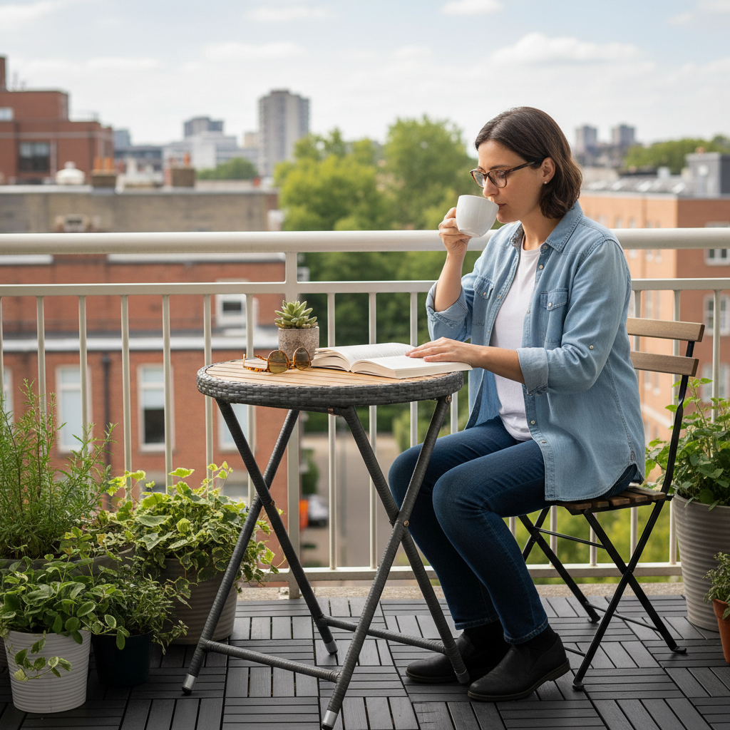 Grijs rotan tafeltje met persoon