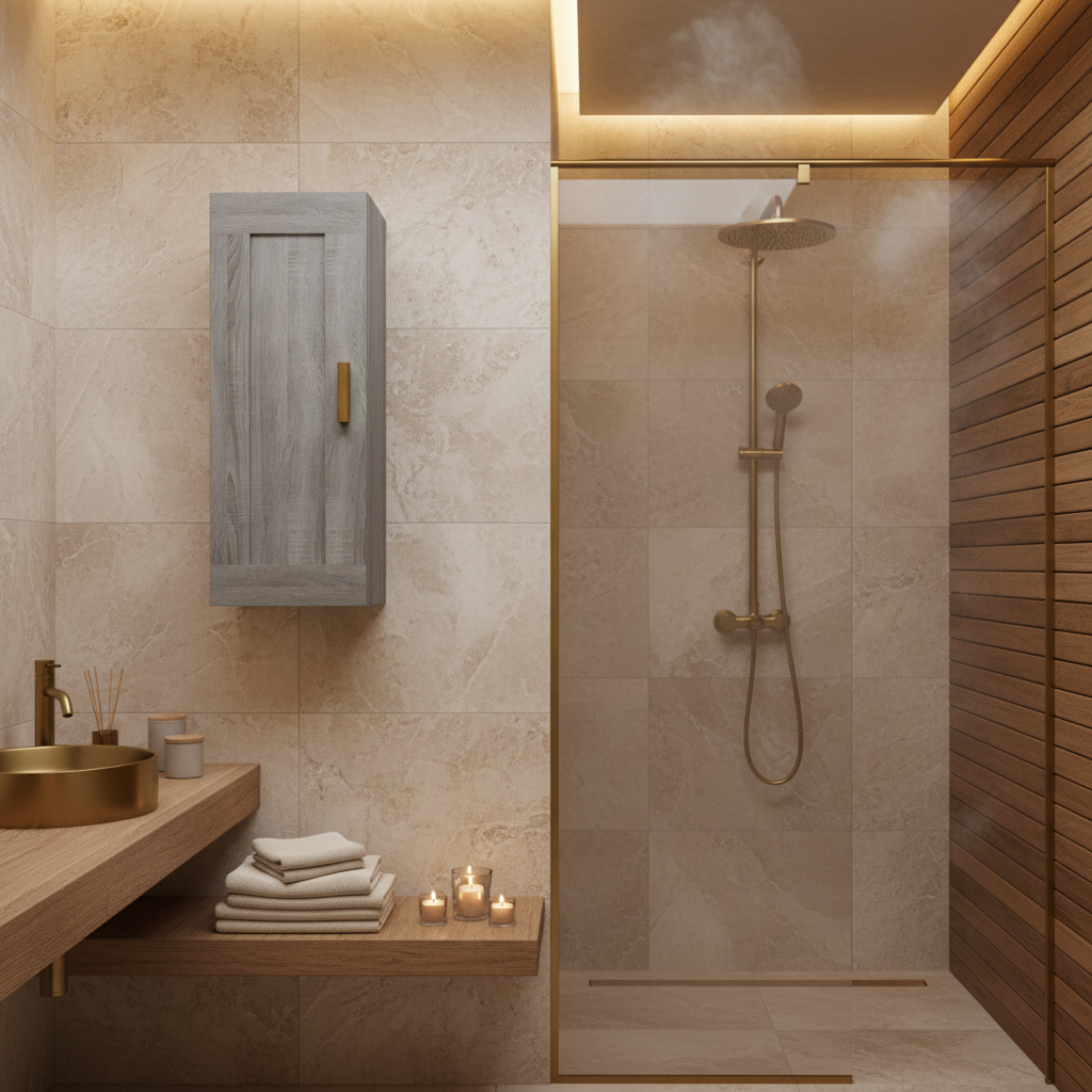 Grijs sonoma bovenkast in wellness badkamer zonder persoon