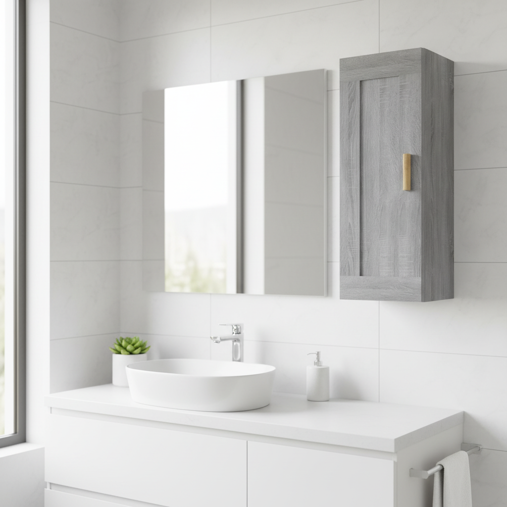 Grijs sonoma bovenkast met gouden handgreep in minimalistische badkamer