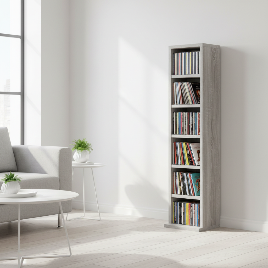 Grijs Sonoma CD-rek in moderne woonkamer met kleurrijke CD's