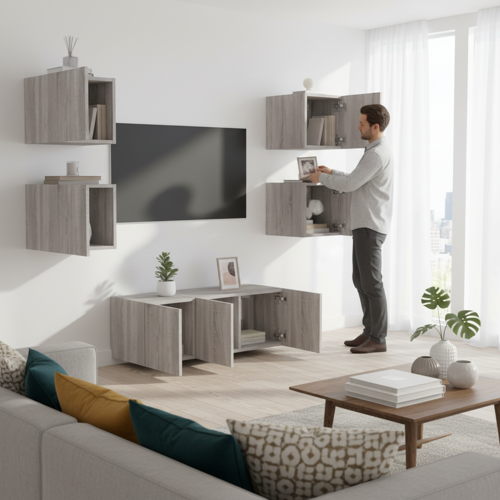 Grijs Sonoma eiken TV wandmeubel met open deuren