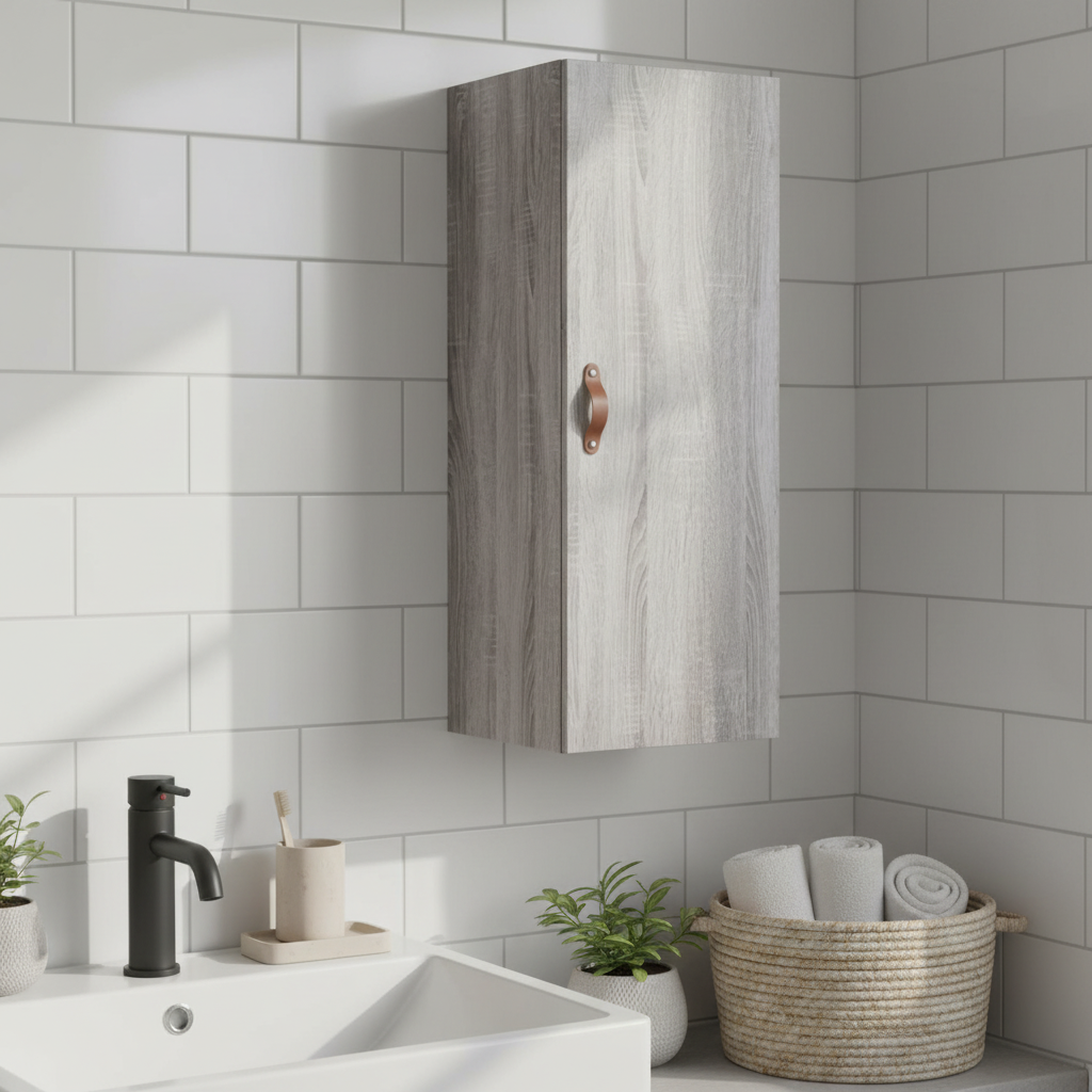 Grijs sonoma hangkast in Scandinavische badkamer