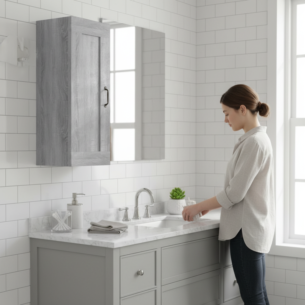 Grijs sonoma hangkast in Scandinavische badkamer