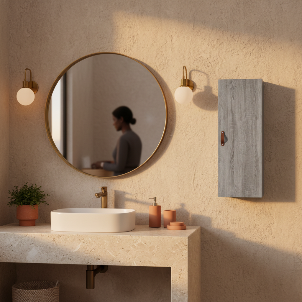 Grijs sonoma hangkast in warme badkamer