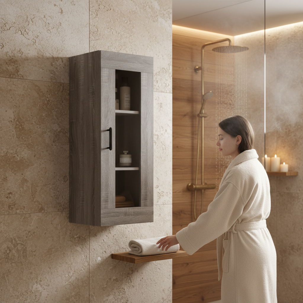 Grijs sonoma hangkast in wellness badkamer