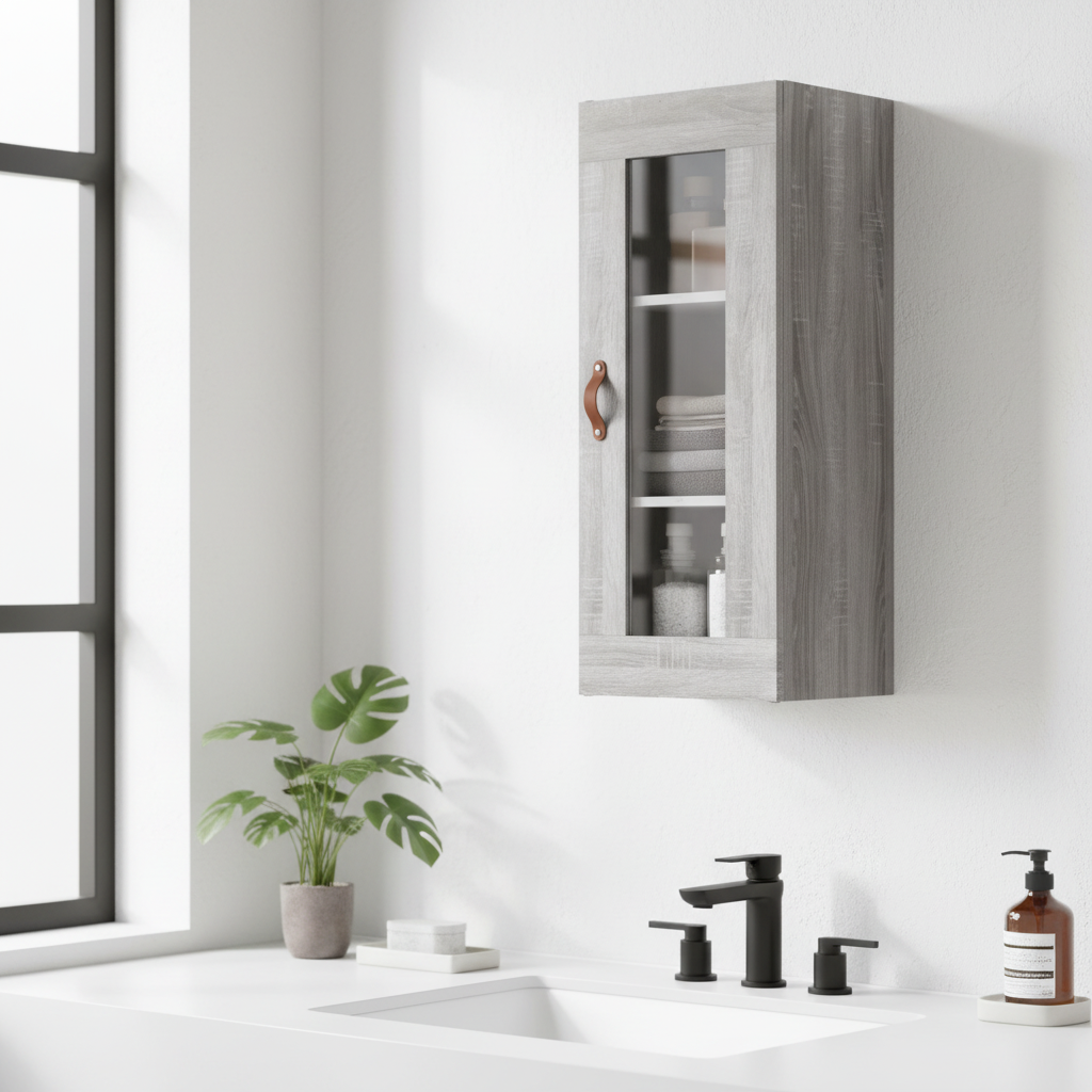 Grijs sonoma hangkast met glazen deur in minimalistische badkamer