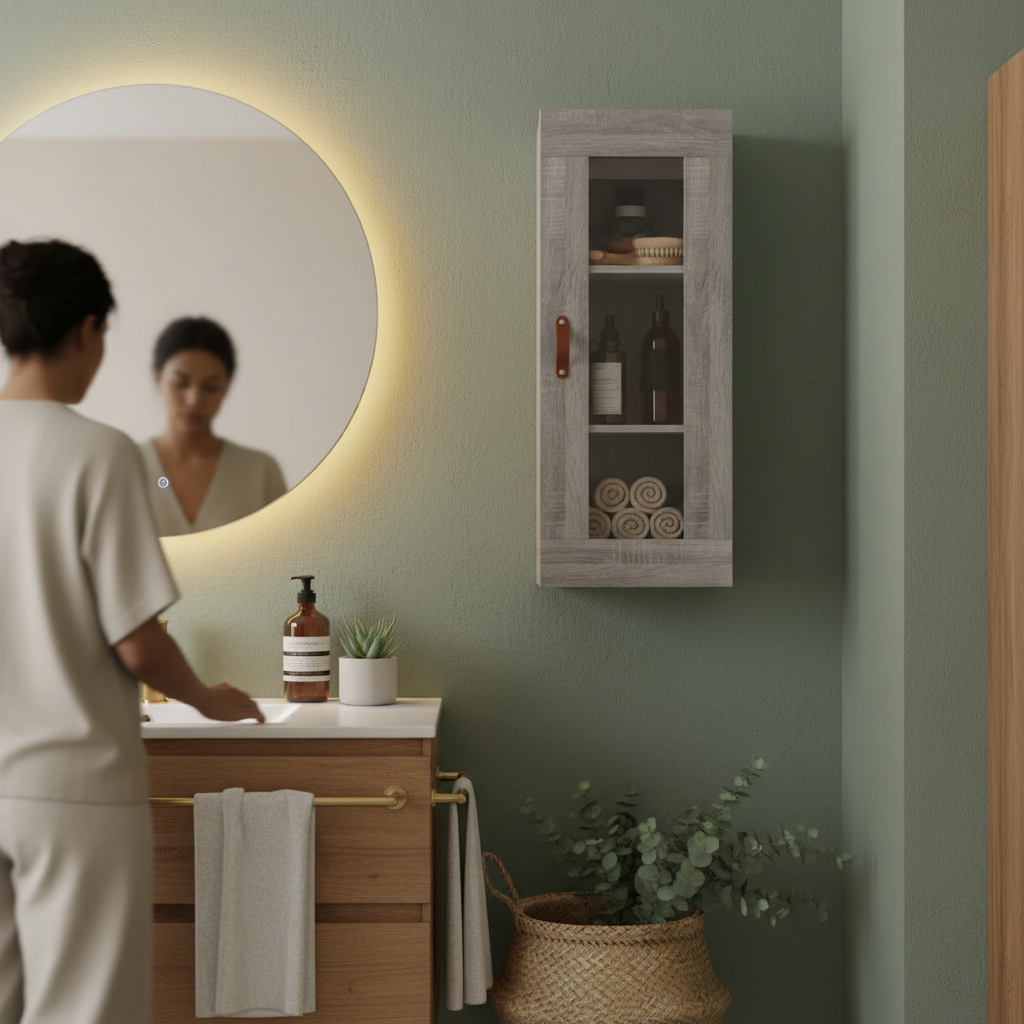 Grijs sonoma hangkast met glazen deur in spa badkamer