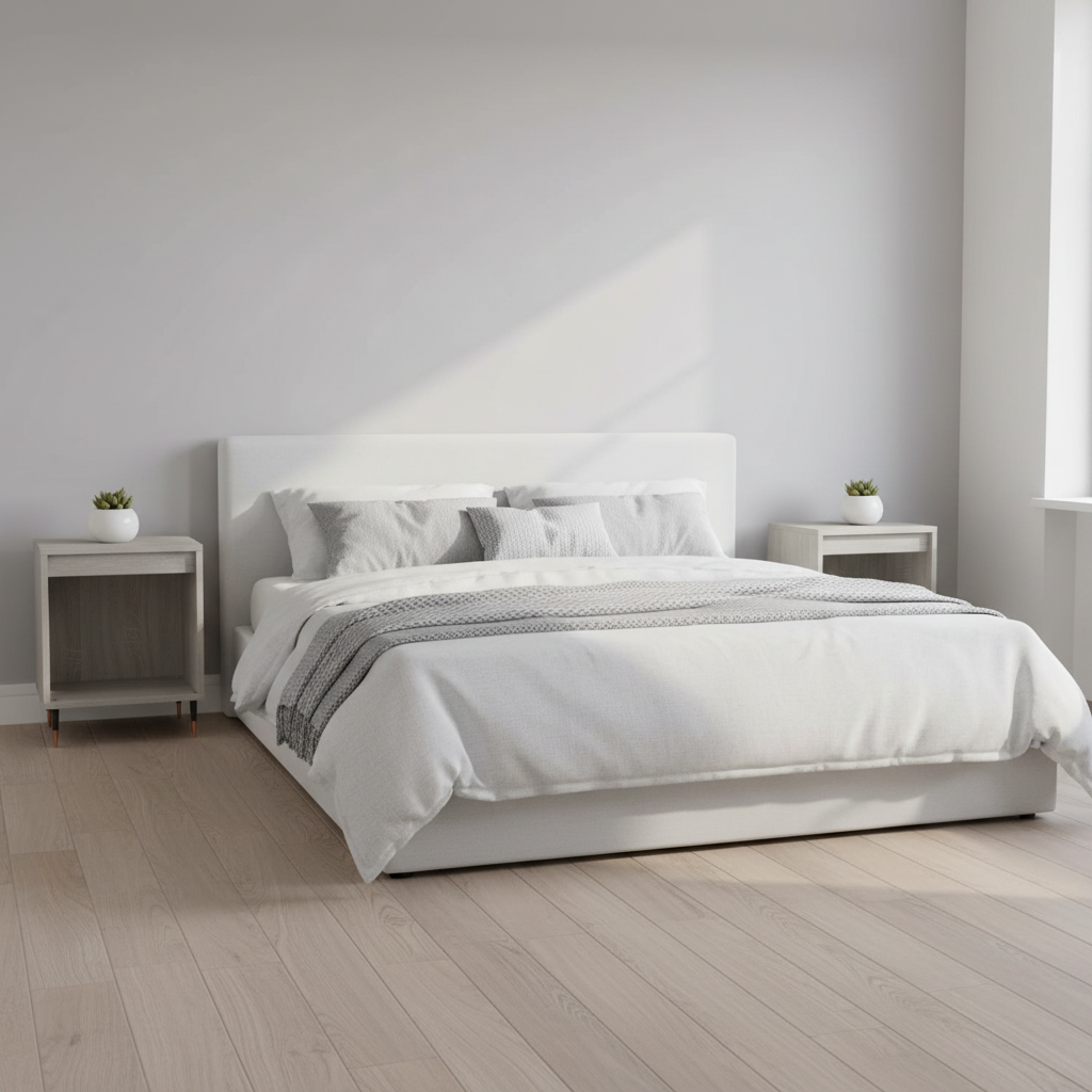 Grijs sonoma nachtkastjes in Scandinavische slaapkamer