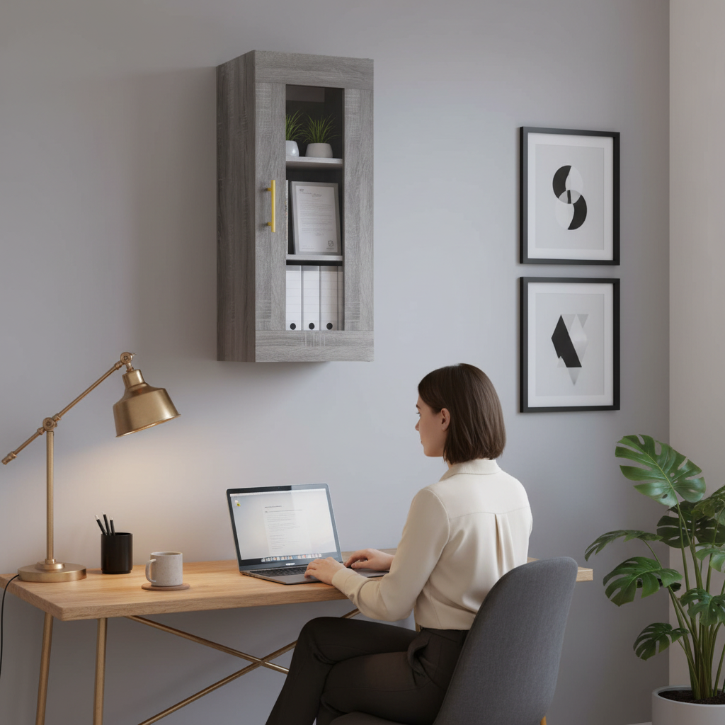 Grijs sonoma vitrinekast in home office