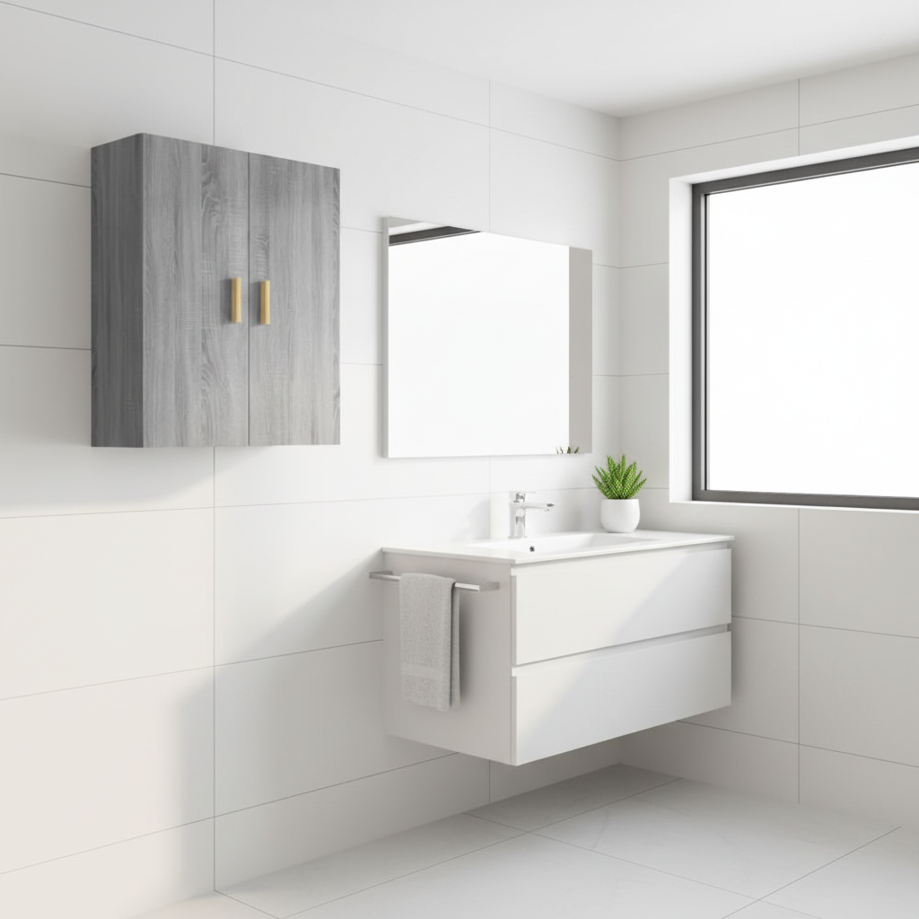 Grijs sonoma wandkast met gouden handgrepen in minimalistische badkamer