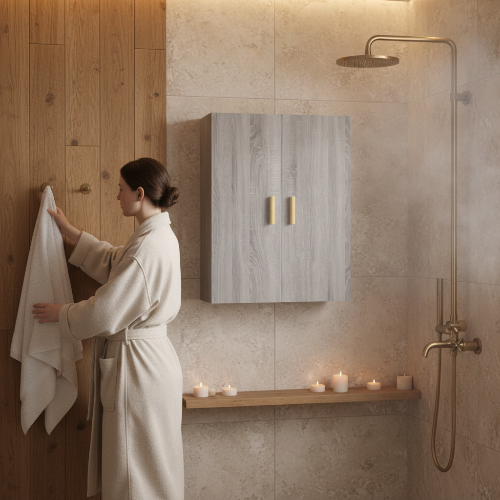 Grijs sonoma wandkast met gouden handgrepen in wellness badkamer
