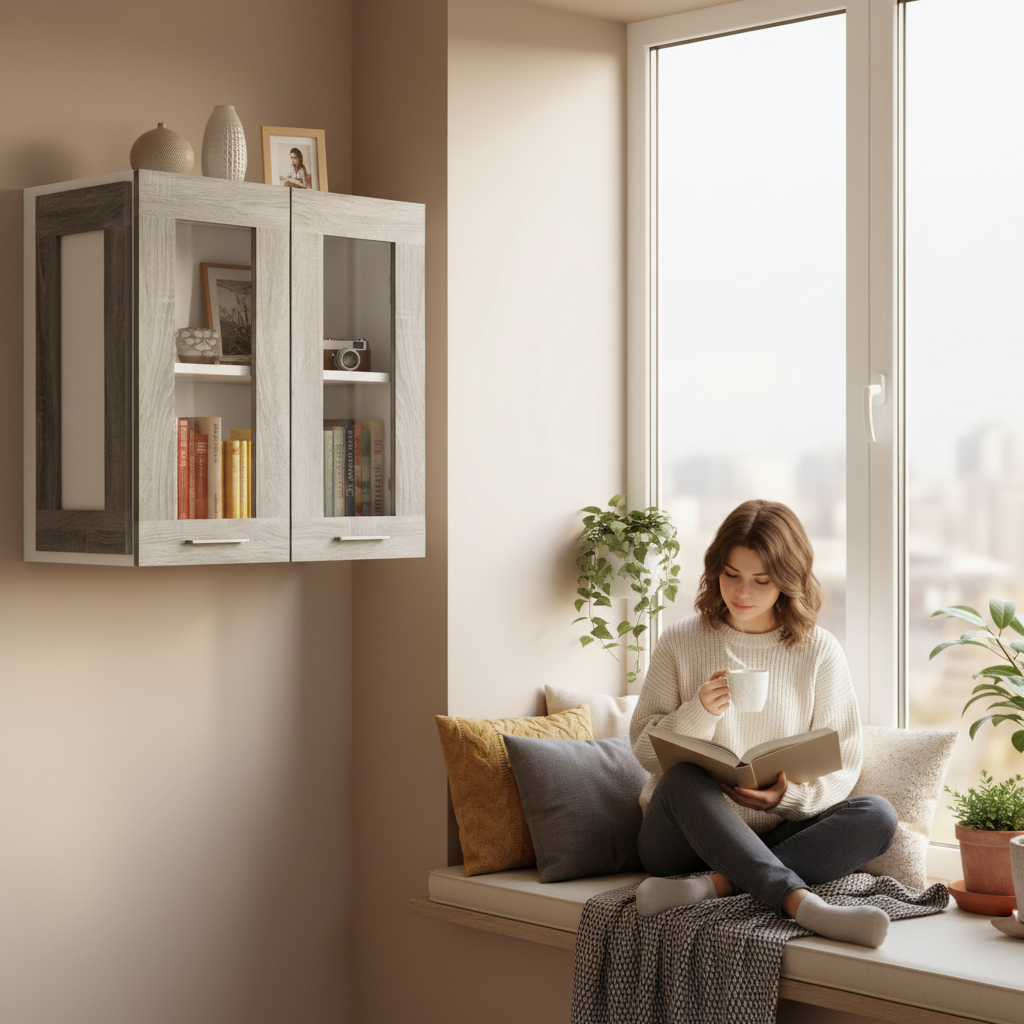 Grijze glazen wandkast bij leeshoek